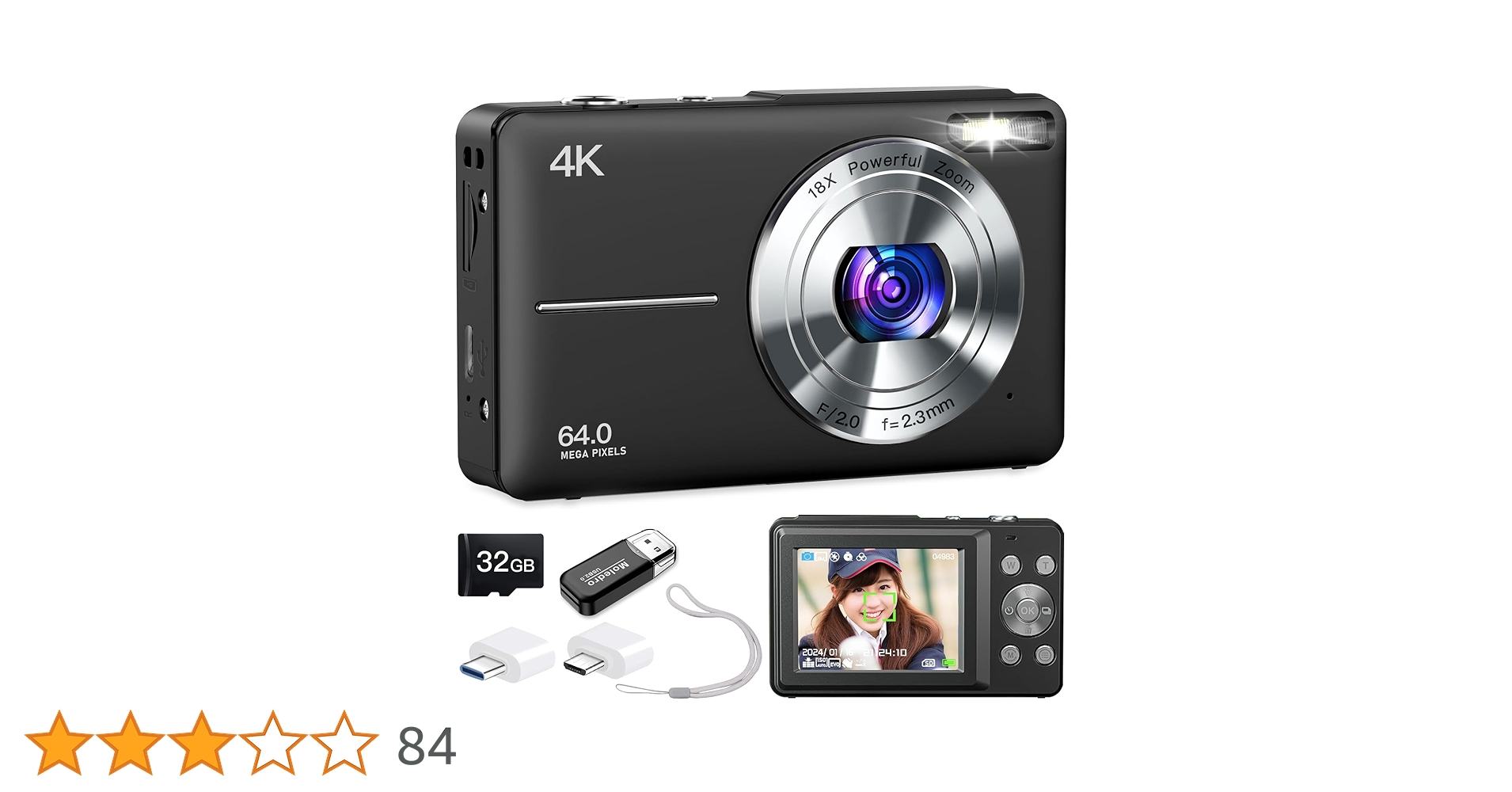 Amazon | Moledro 4K デジタルカメラ デジカメ 6400万画素 32GB